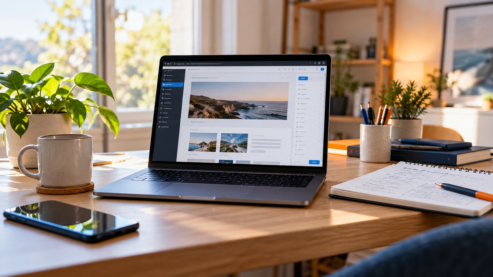 Espacio de trabajo con WordPress, notas de planificación y herramientas de implementación web