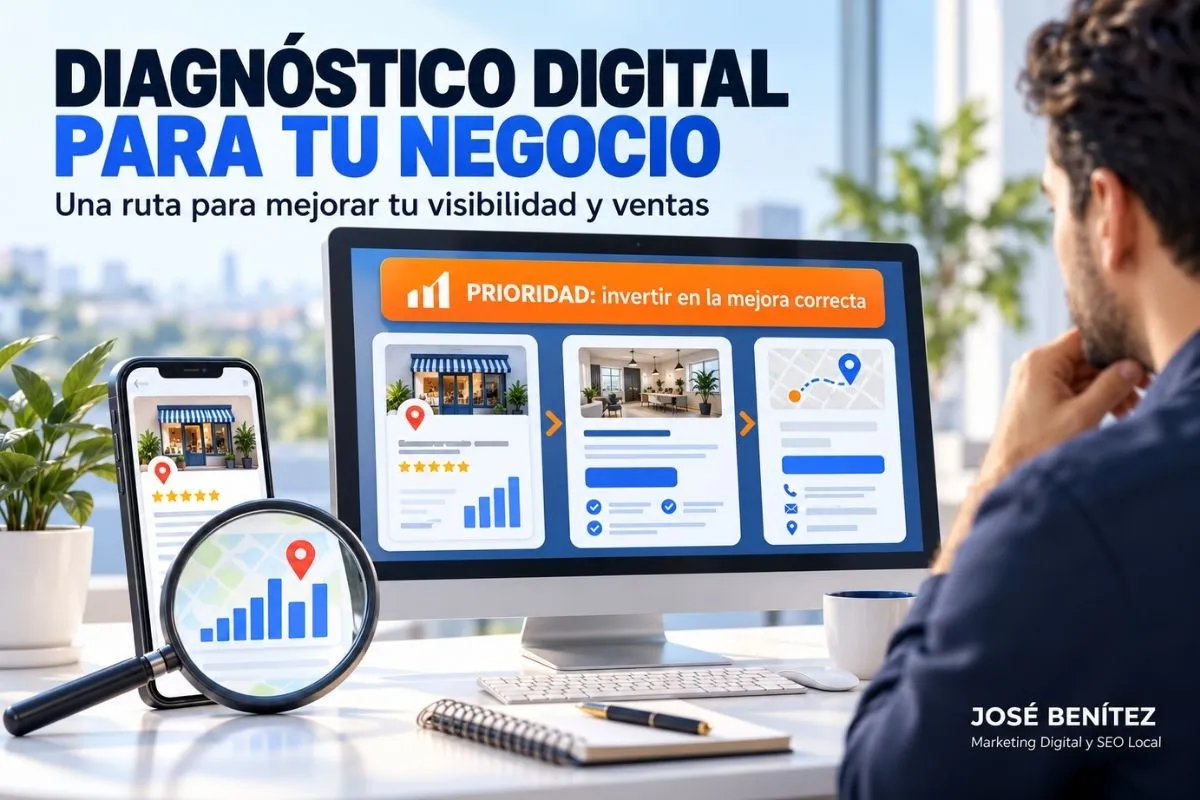 Diagnóstico Digital para un negocio con pantalla, móvil y lupa que muestran una ruta para mejorar visibilidad y ventas.